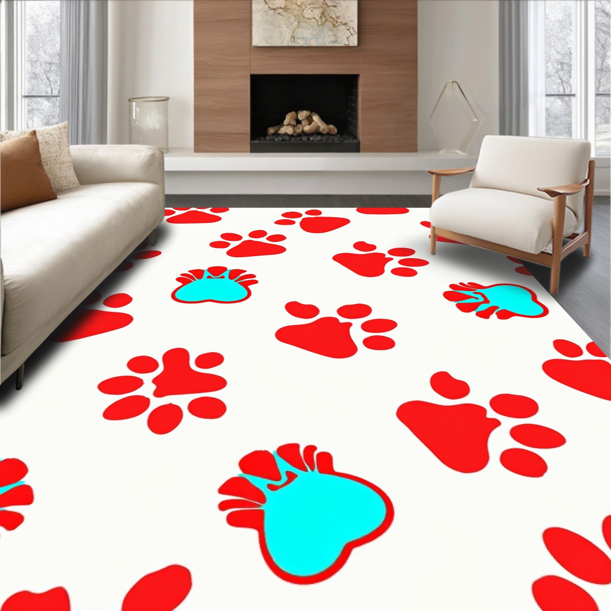 Red Blue Paw Print Repeat Rug