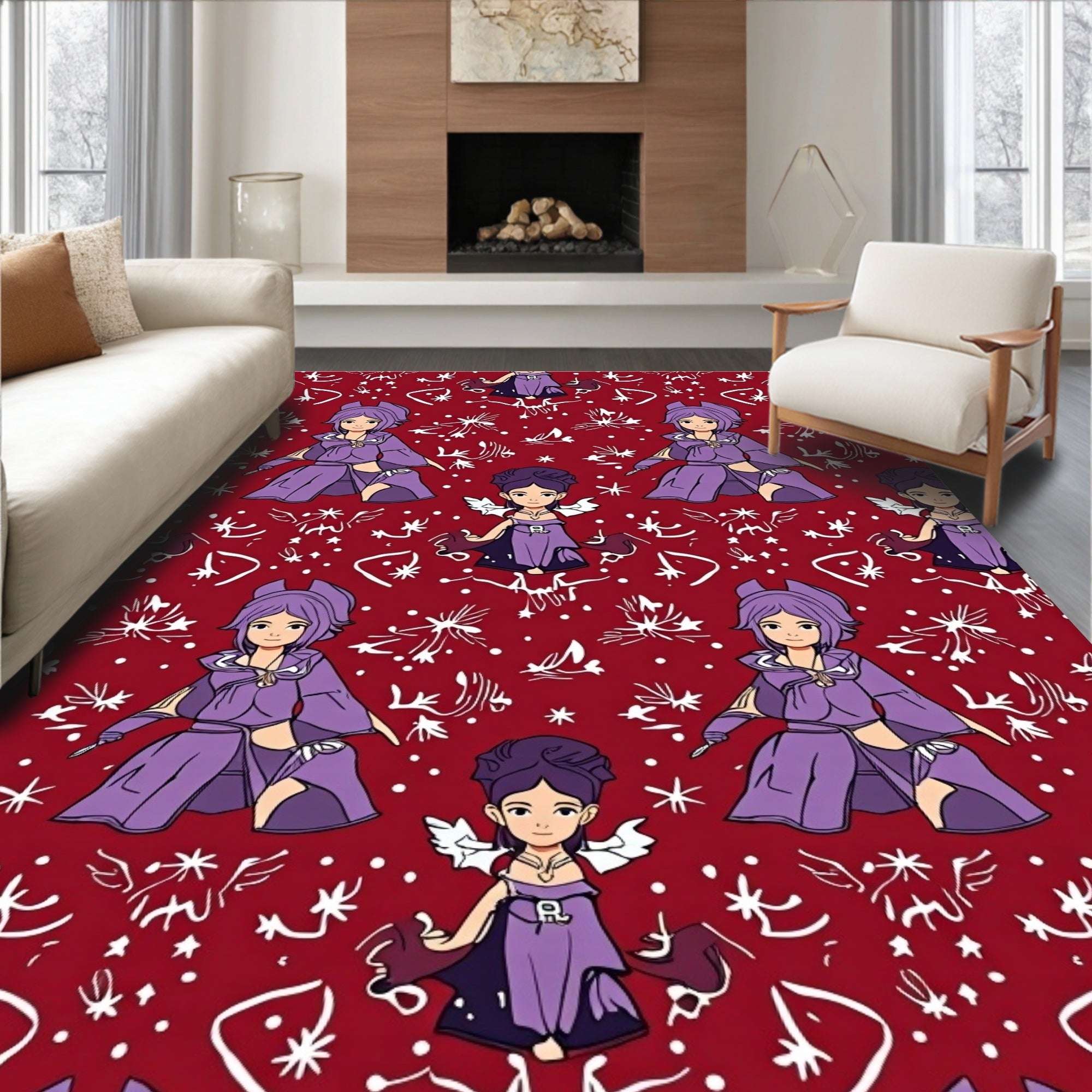 Red Purple Anime Whimsical Characters Rug