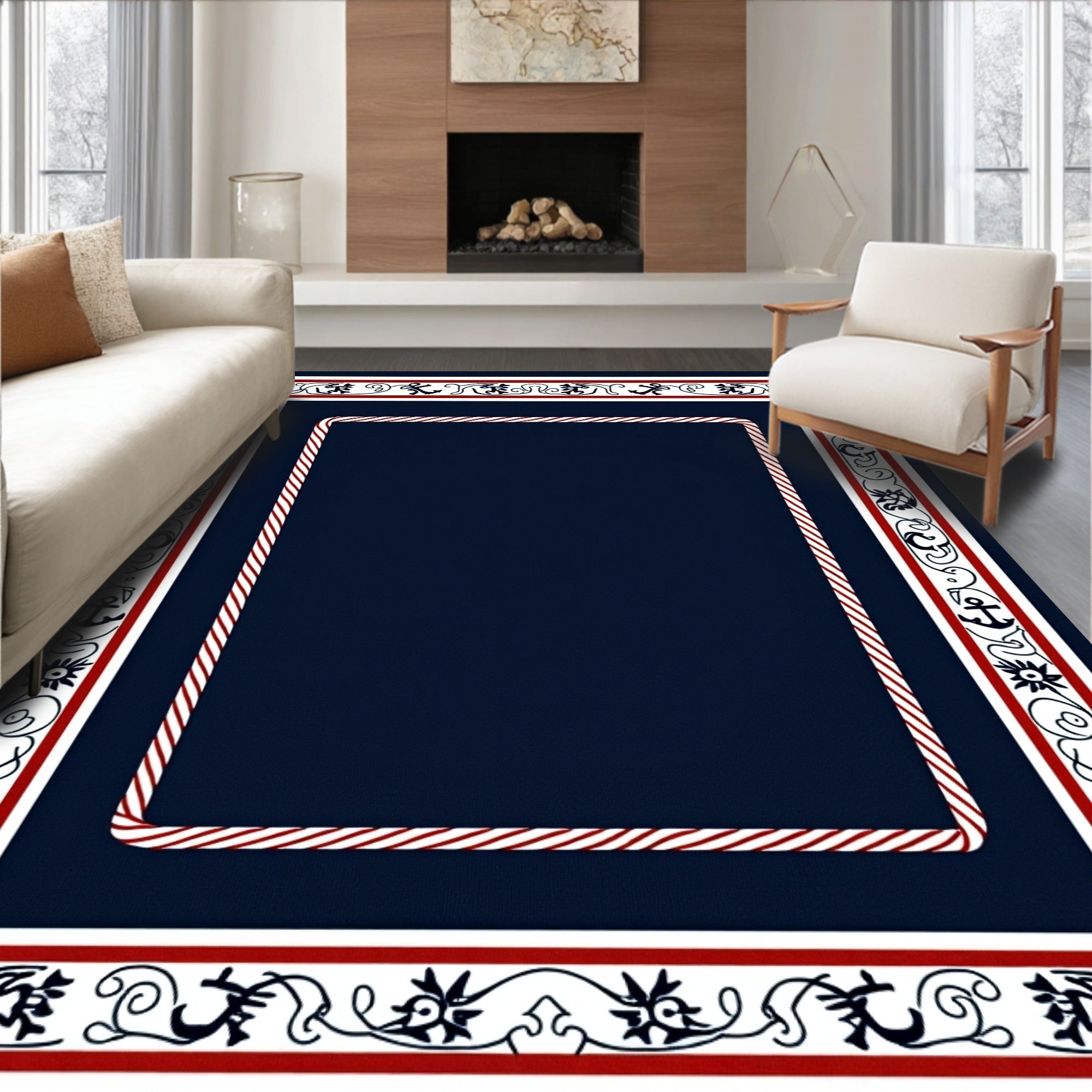 Navy Nautical Border Anchor Sun Motif Rug