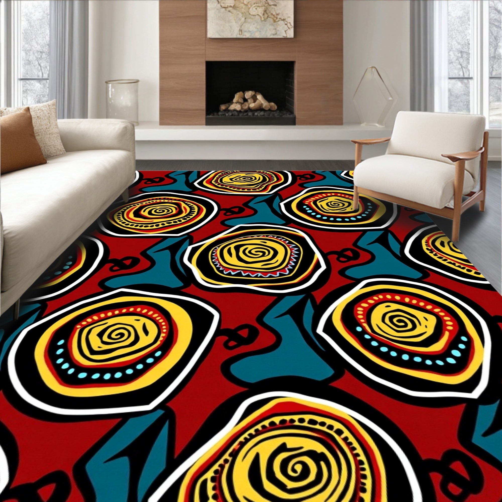 Vibrant Red Abstract Swirl Circles Rug