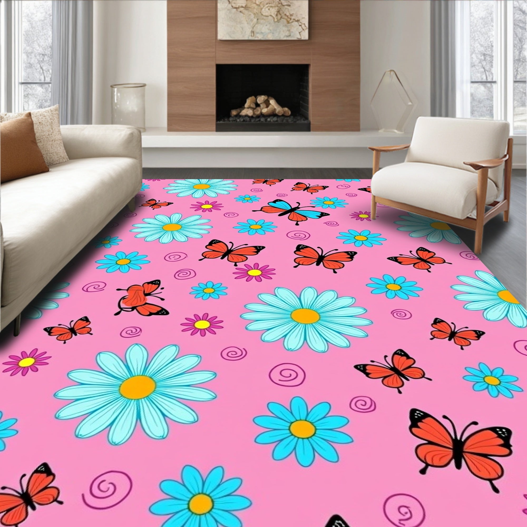 Pink Orange Butterfly Daisy Swirl Rug