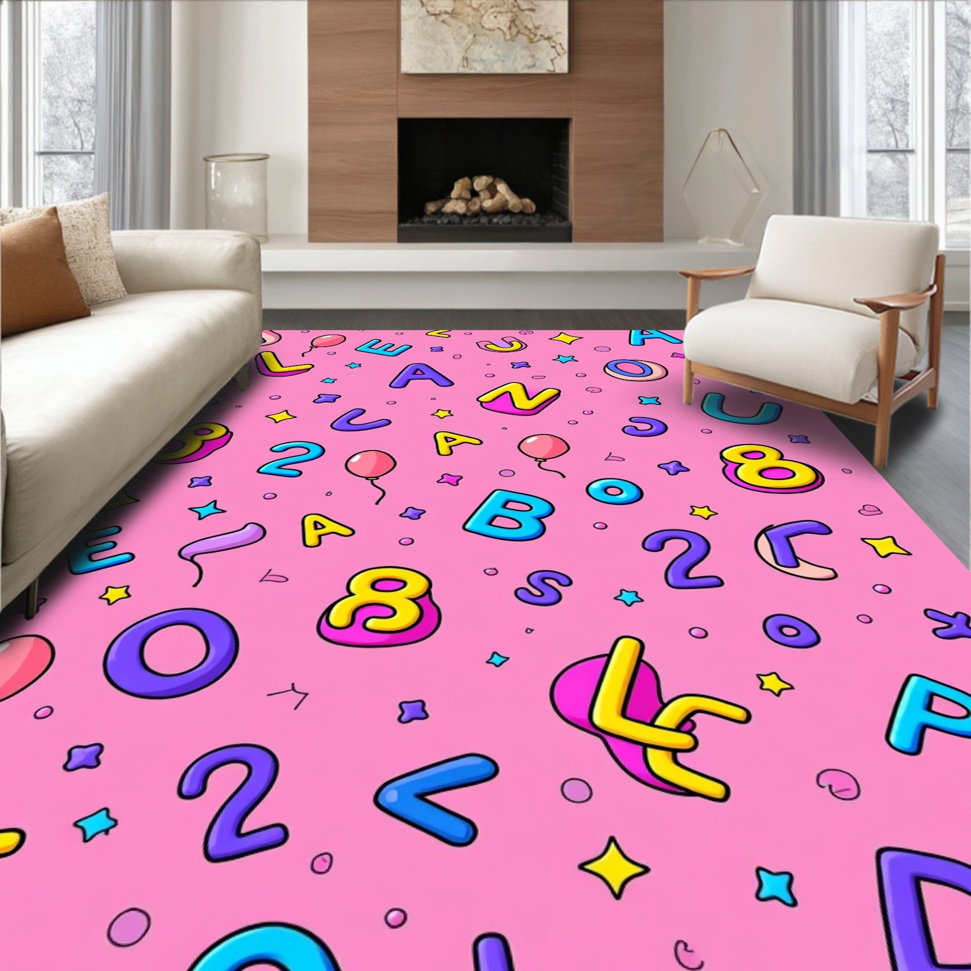 Whimsical Pink Alphabet and Number Playground Rug
