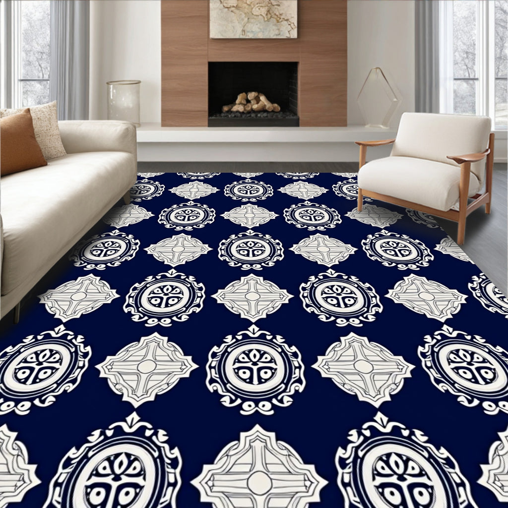 Navy Ivory Medallion Diamond Rug