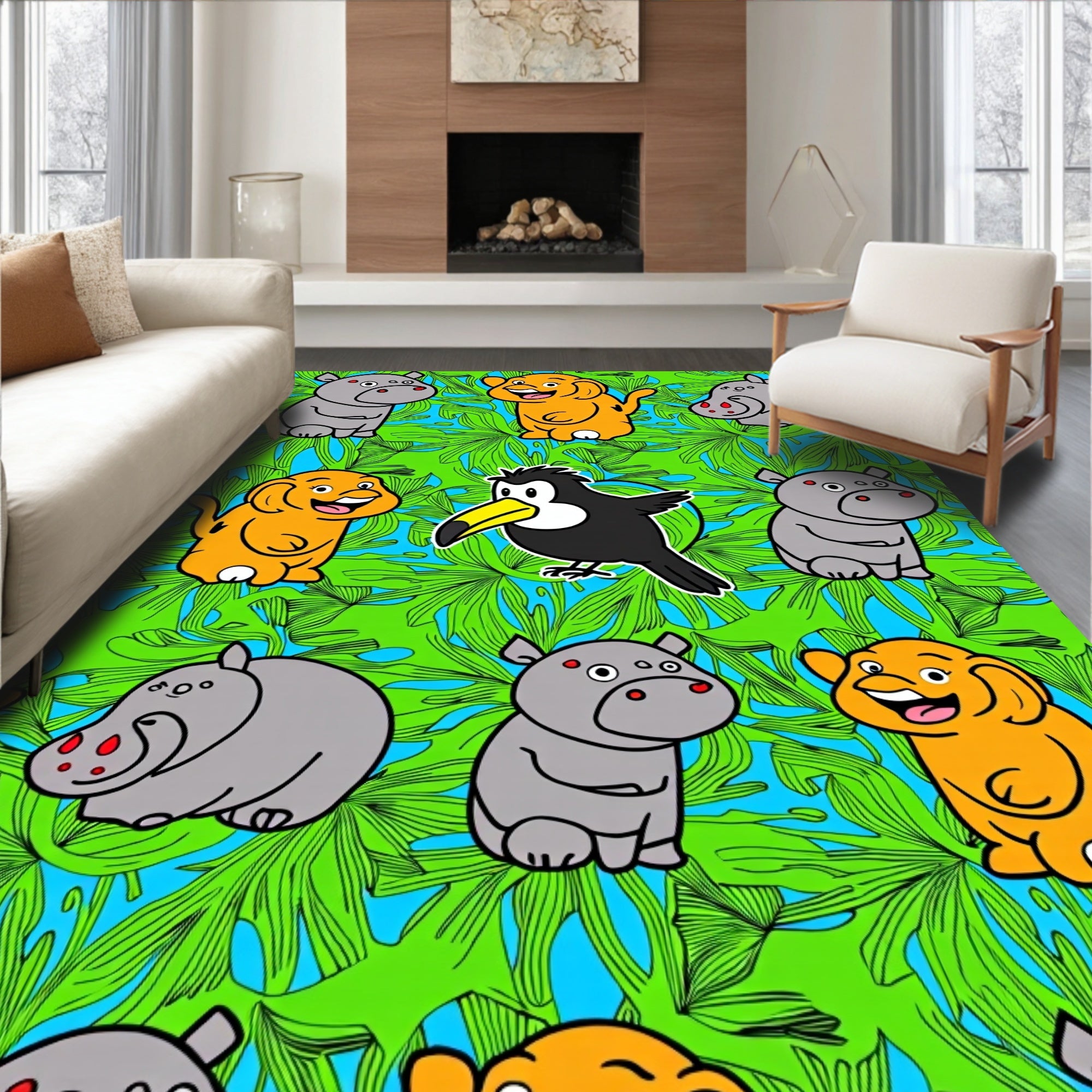 Jungle Friends Hippo Toucan Tropical Leaf Rug