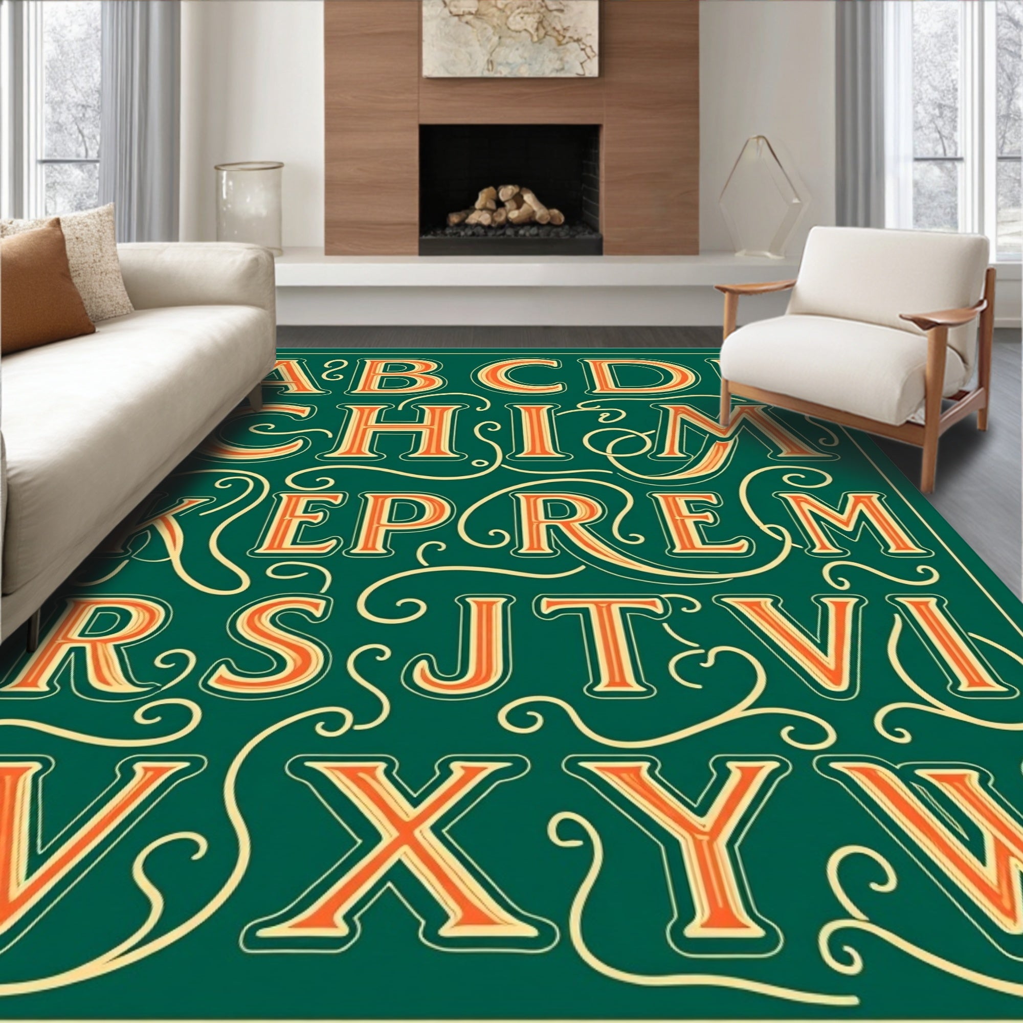 Ornate Alphabet Green Cream Orange Rug