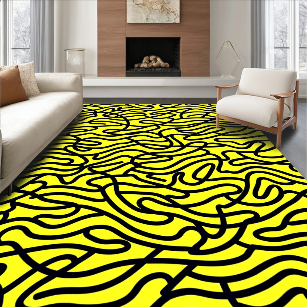 Bold yellow and black looping maze Rug