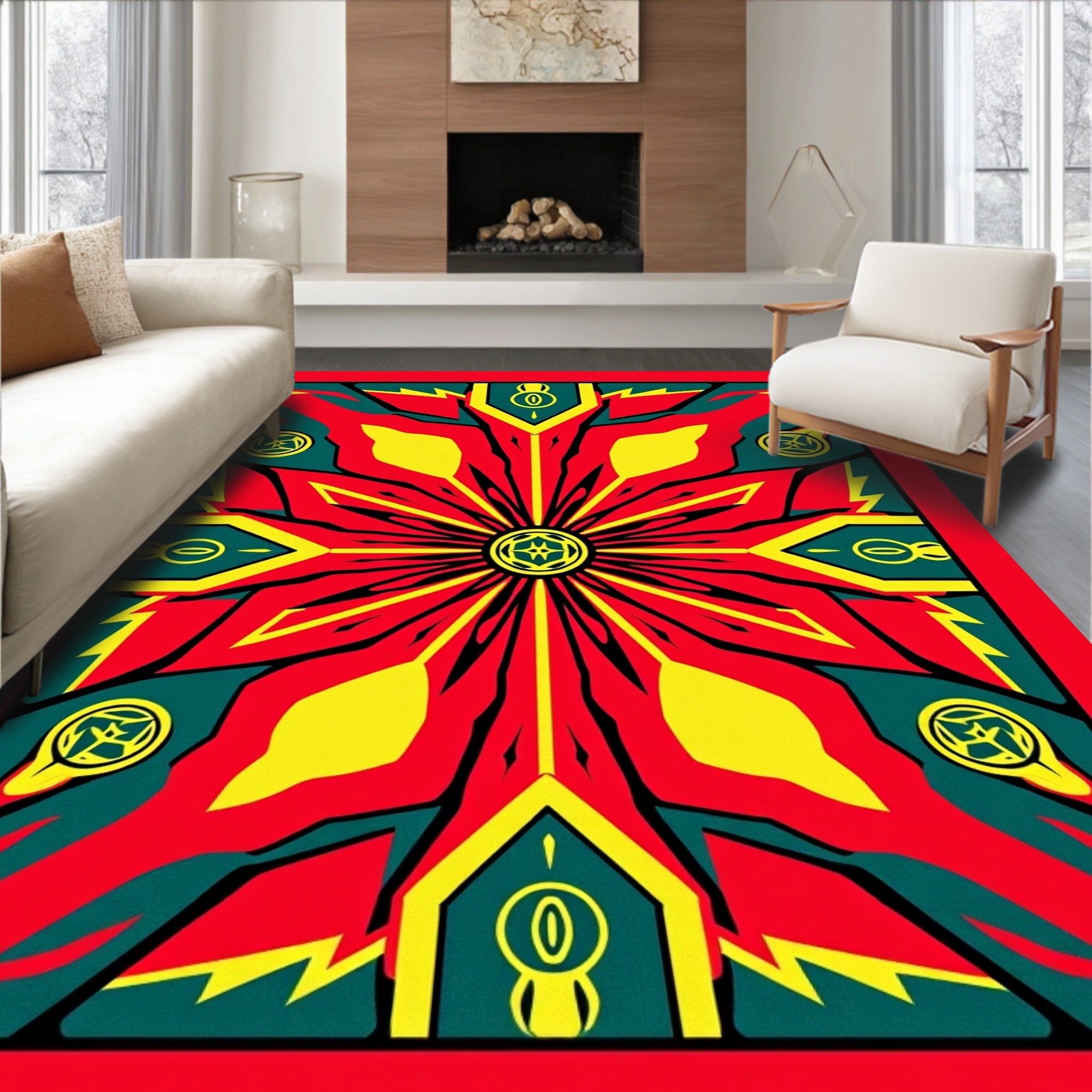 Fiery Red Yellow Green Geometric Star Rug
