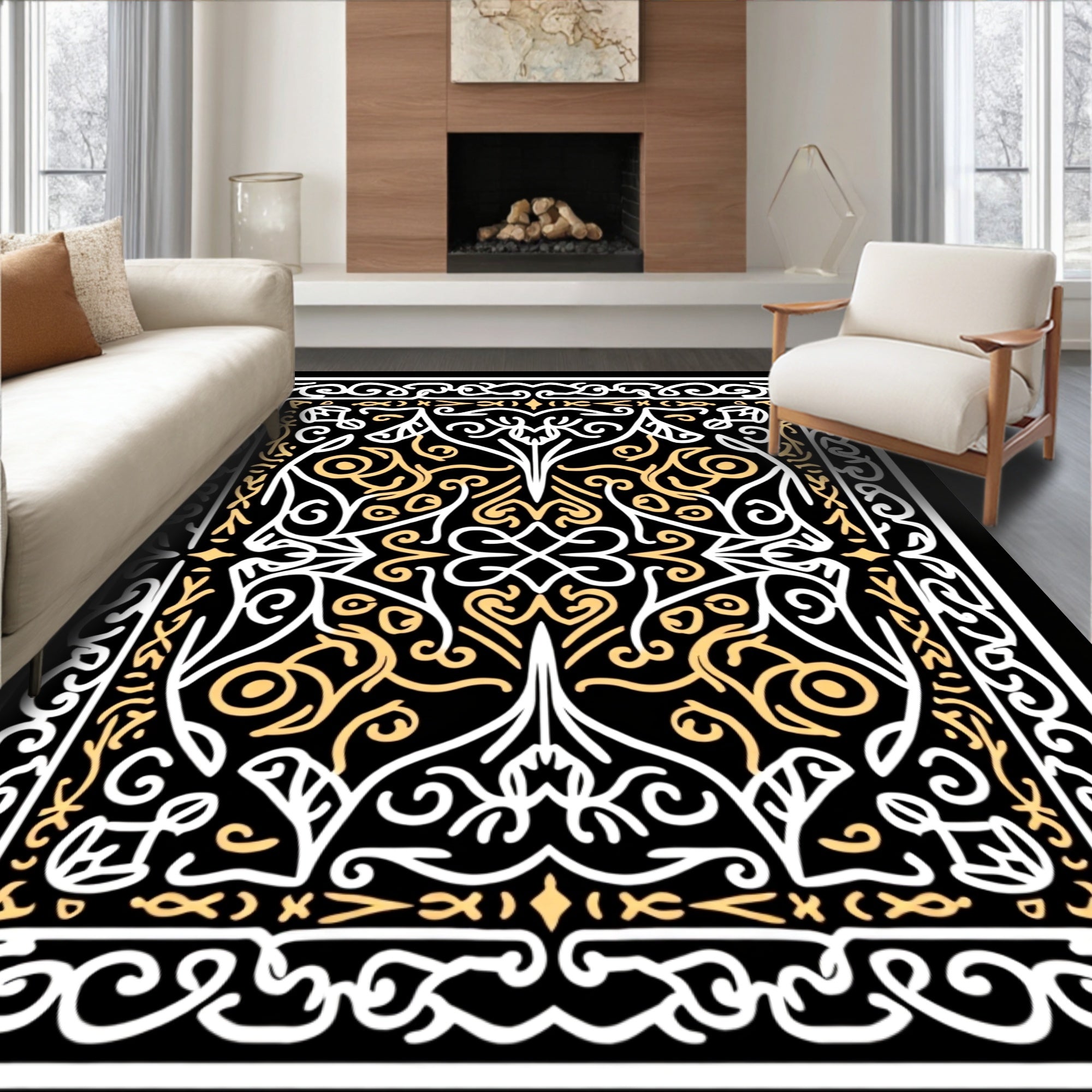 Elegant Gold White Filigree Swirl Rug