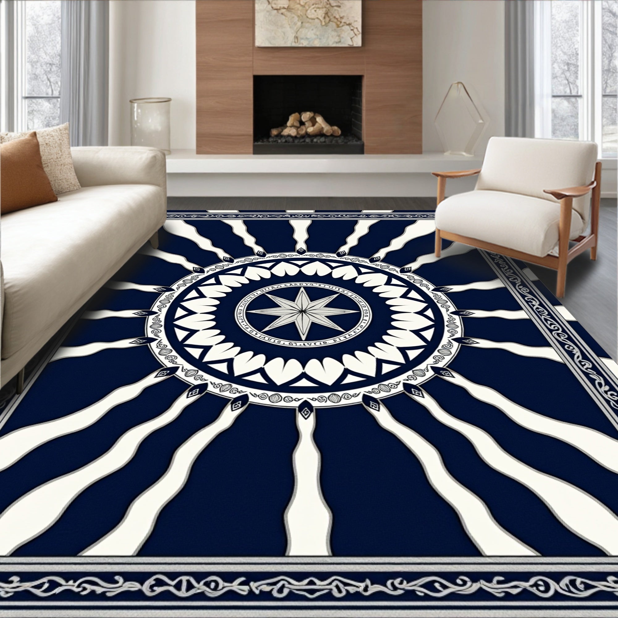 Navy White Sunburst Medallion Rug