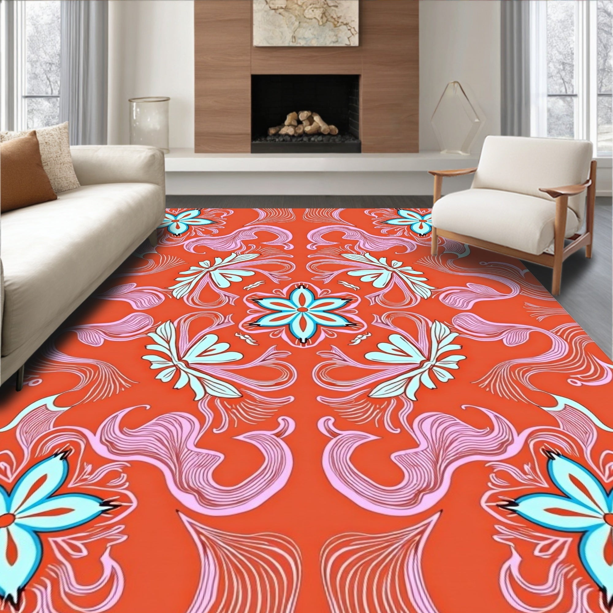 Coral Blue Floral Swirl Harmony Rug
