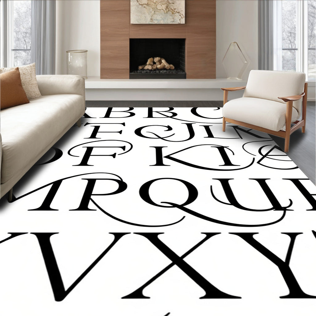 Elegant Black Serif Alphabet Swirl Rug