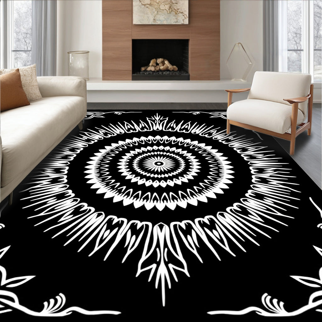 Black White Sunburst Mandala Corner Accents Rug