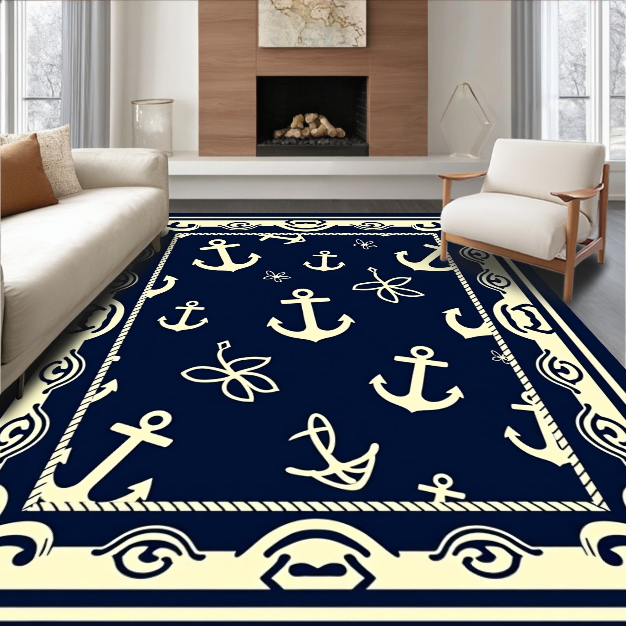 Navy Anchor And Leaf Border Rug