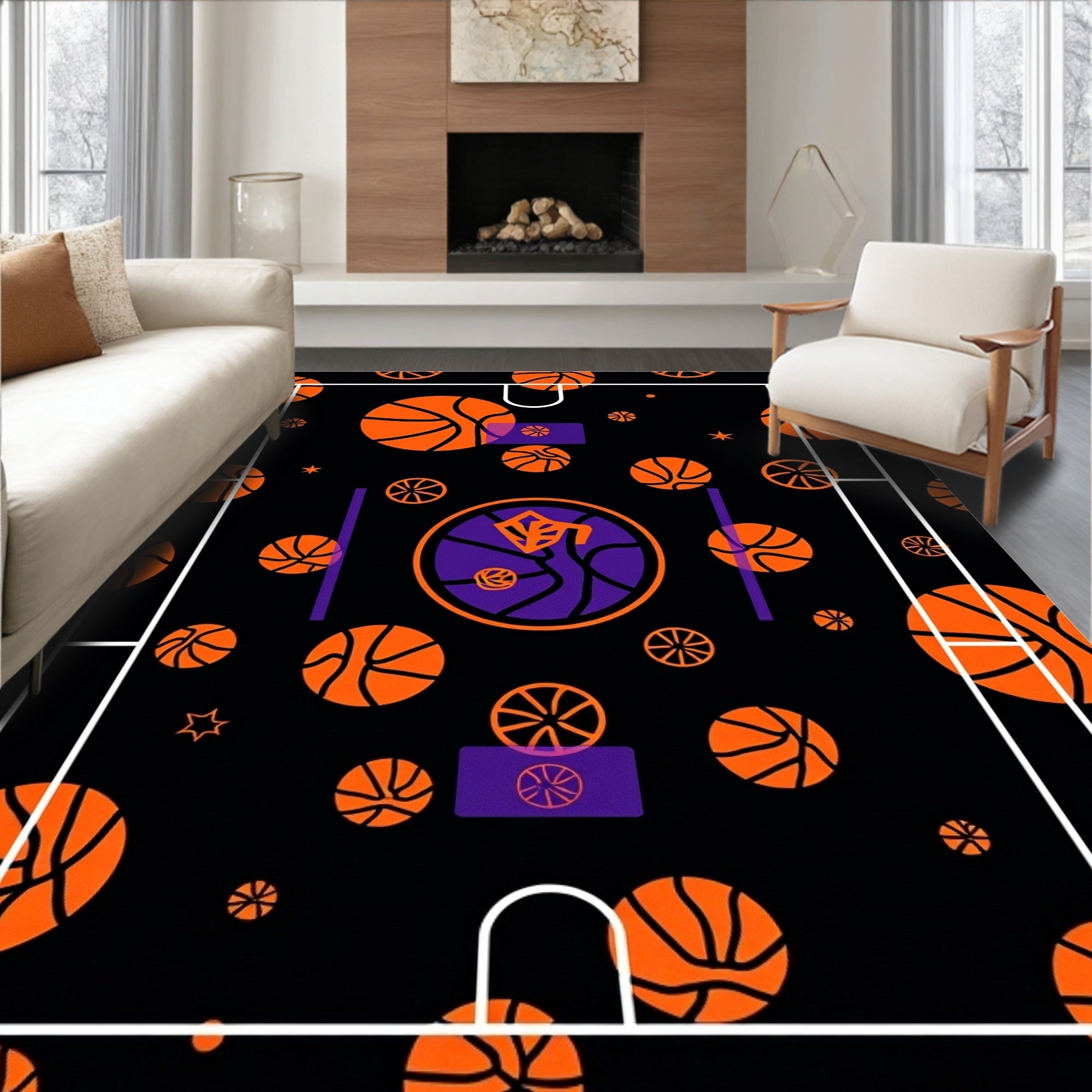 Orange Basketball Court Graphic Rug