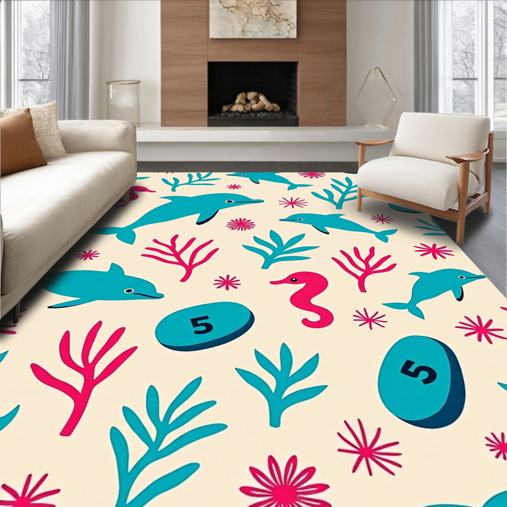 Turquoise Dolphins Pink Seahorses Undersea Bloom Rug
