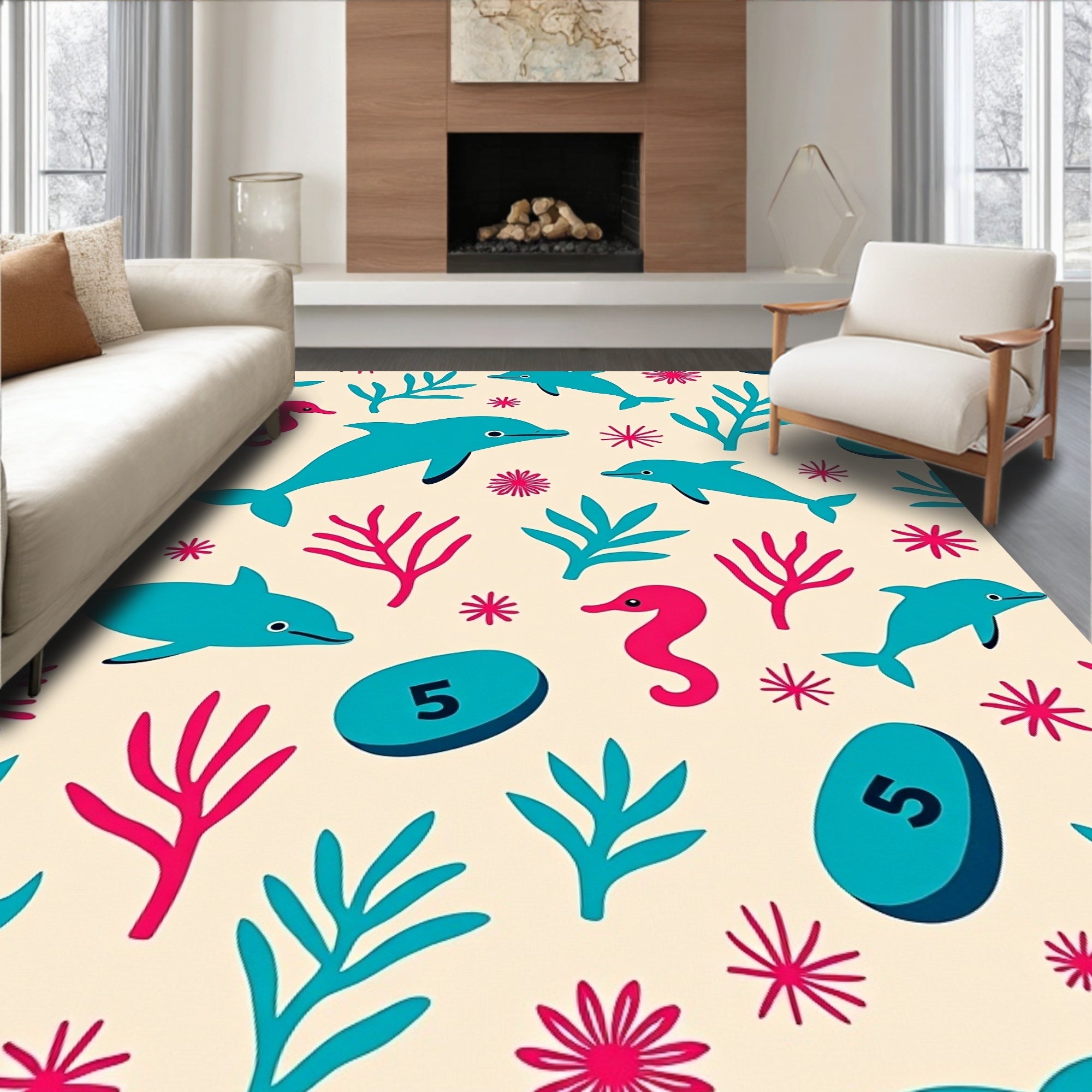 Turquoise Dolphins Pink Seahorses Undersea Bloom Rug