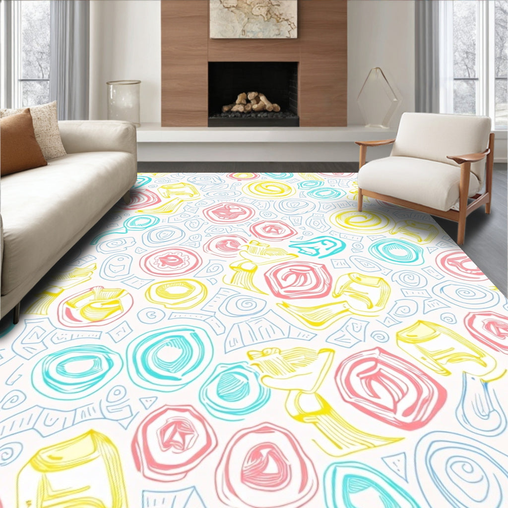 Whimsical Pink Blue Yellow Abstract Shapes Rug