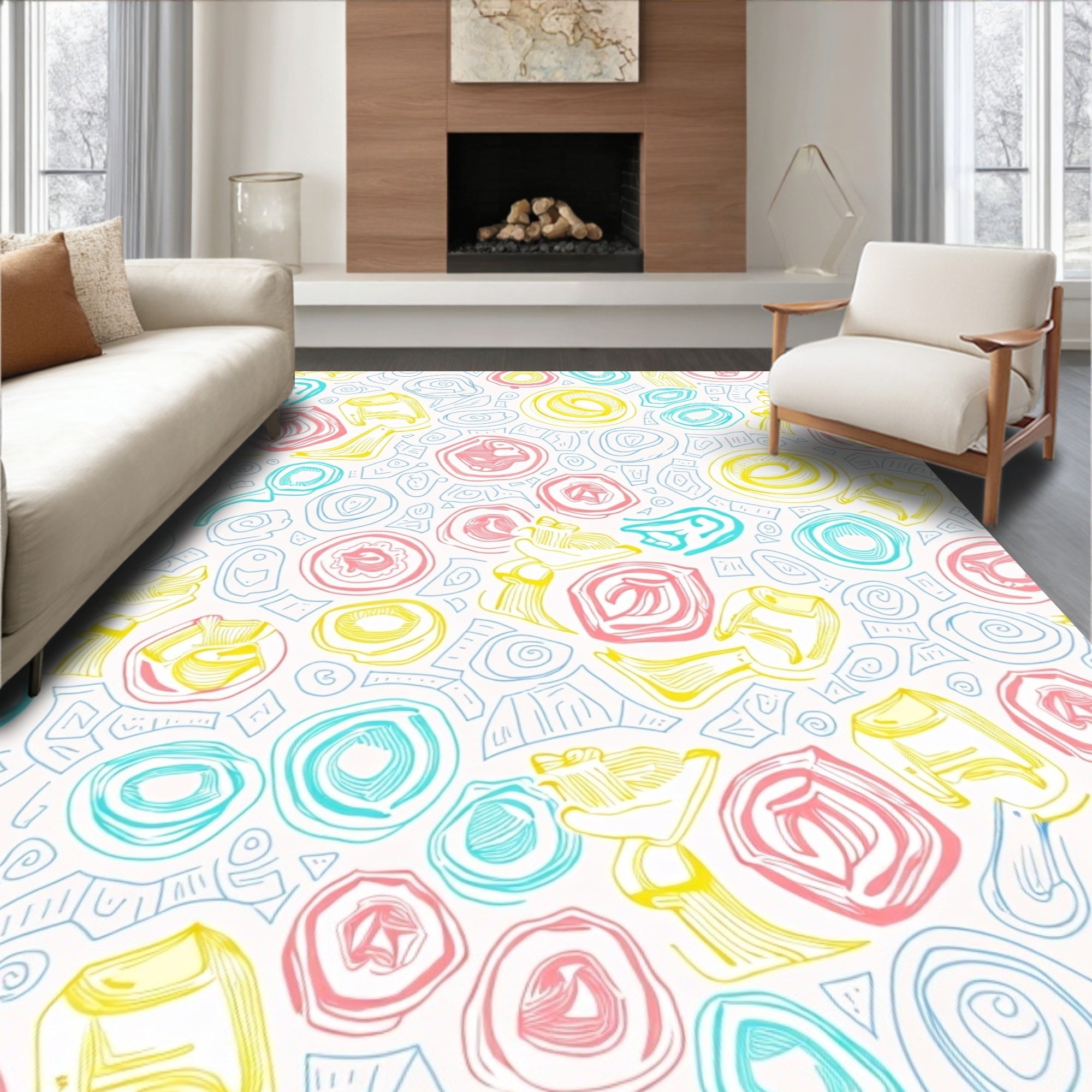 Whimsical Pink Blue Yellow Abstract Shapes Rug