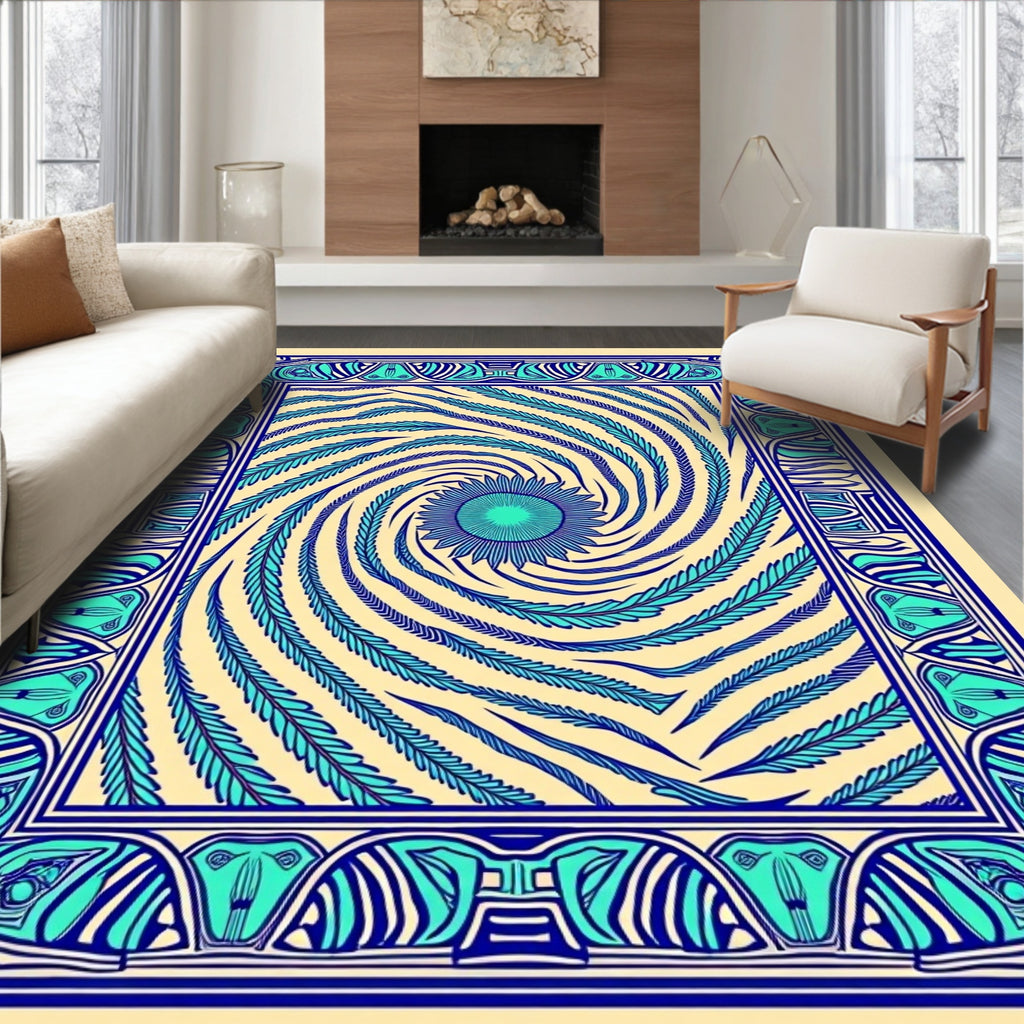 Blue Swirl Feather Geometric Frame Rug