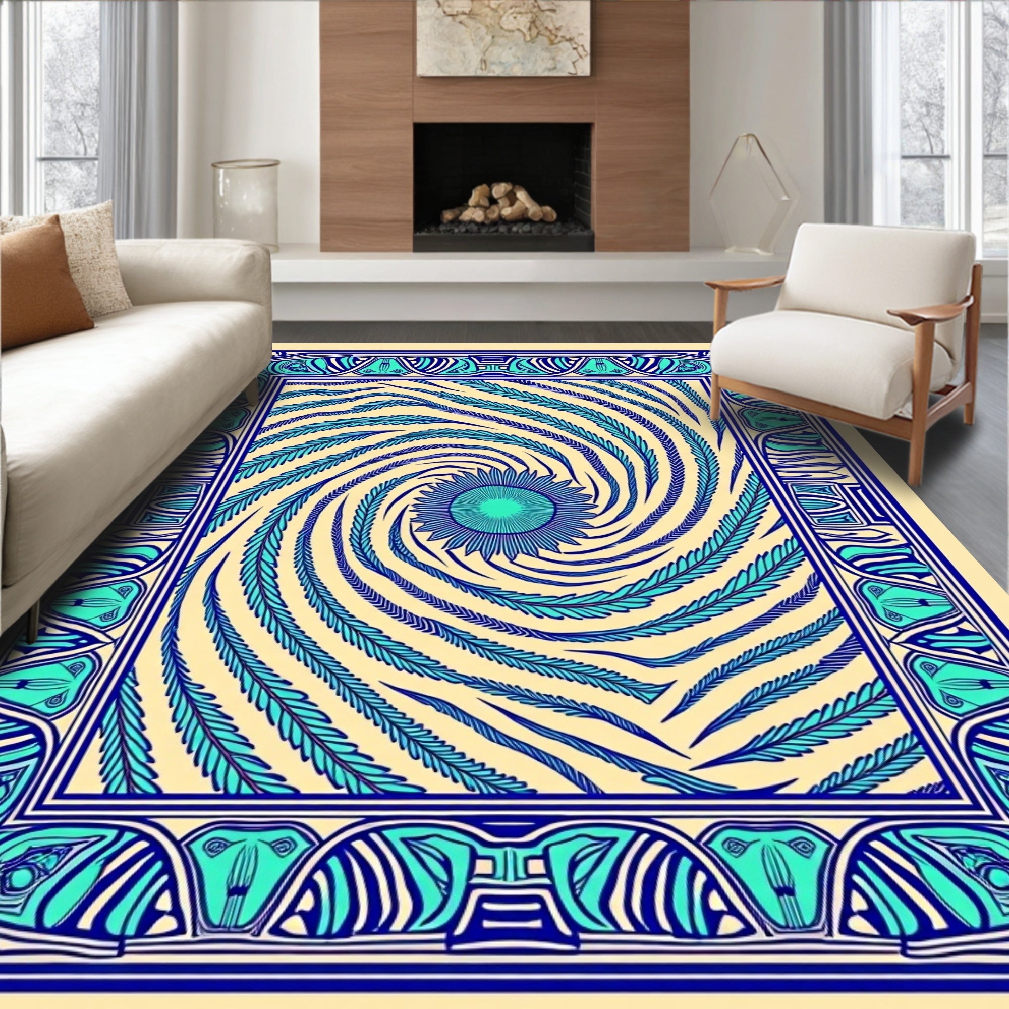 Blue Swirl Feather Geometric Frame Rug