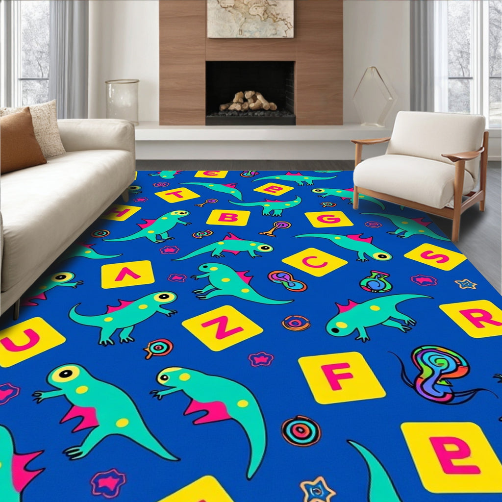 Playful Dinosaur Alphabet Blue Rug