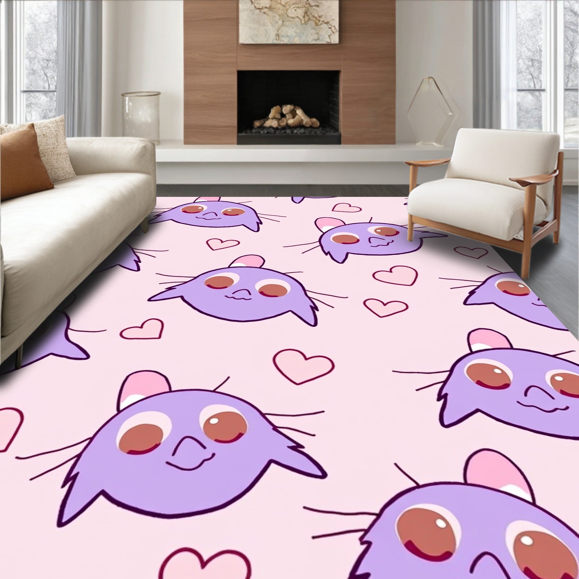 Cute Purple Cat Hearts Pattern Rug