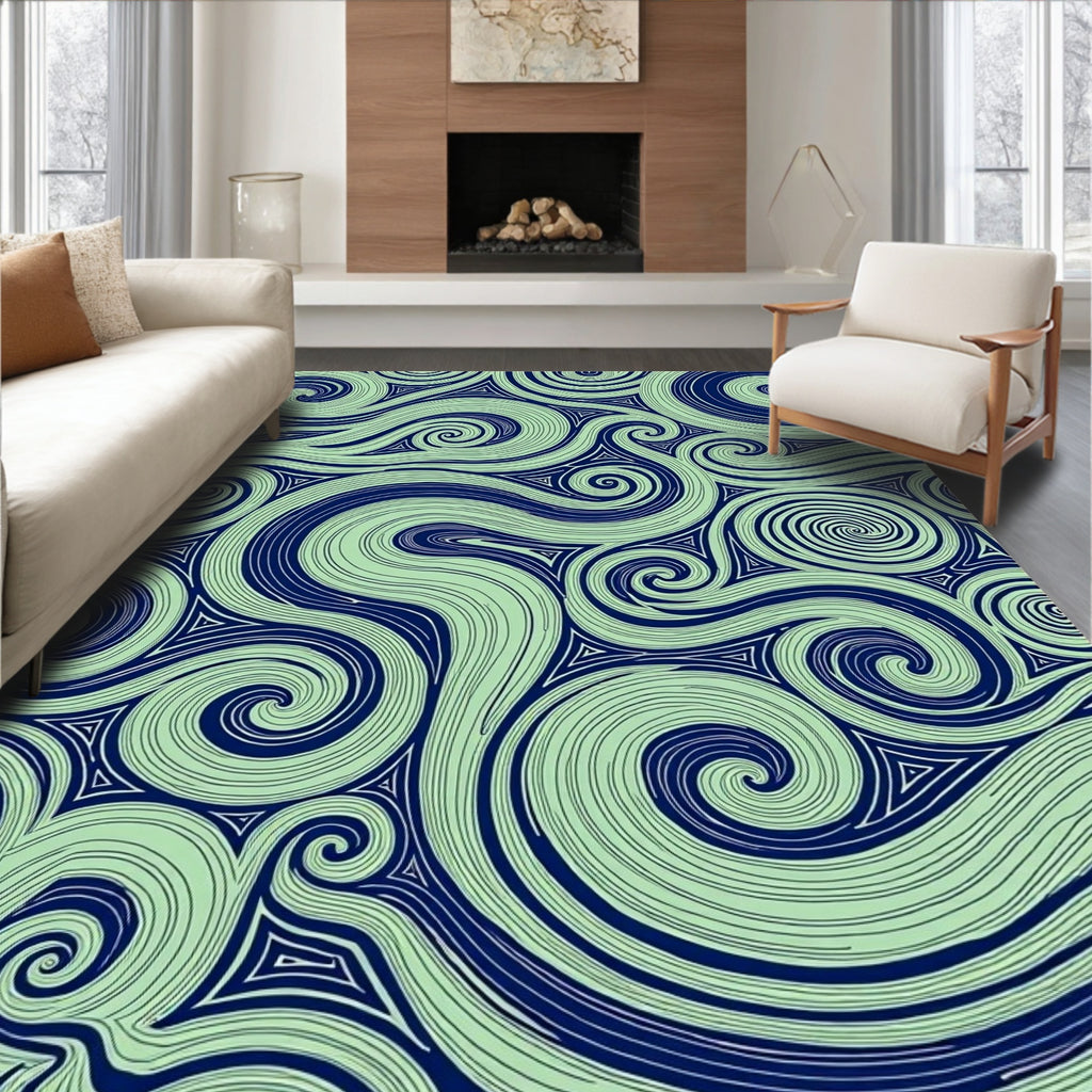 Navy Swirling Lines Mint Green Rug