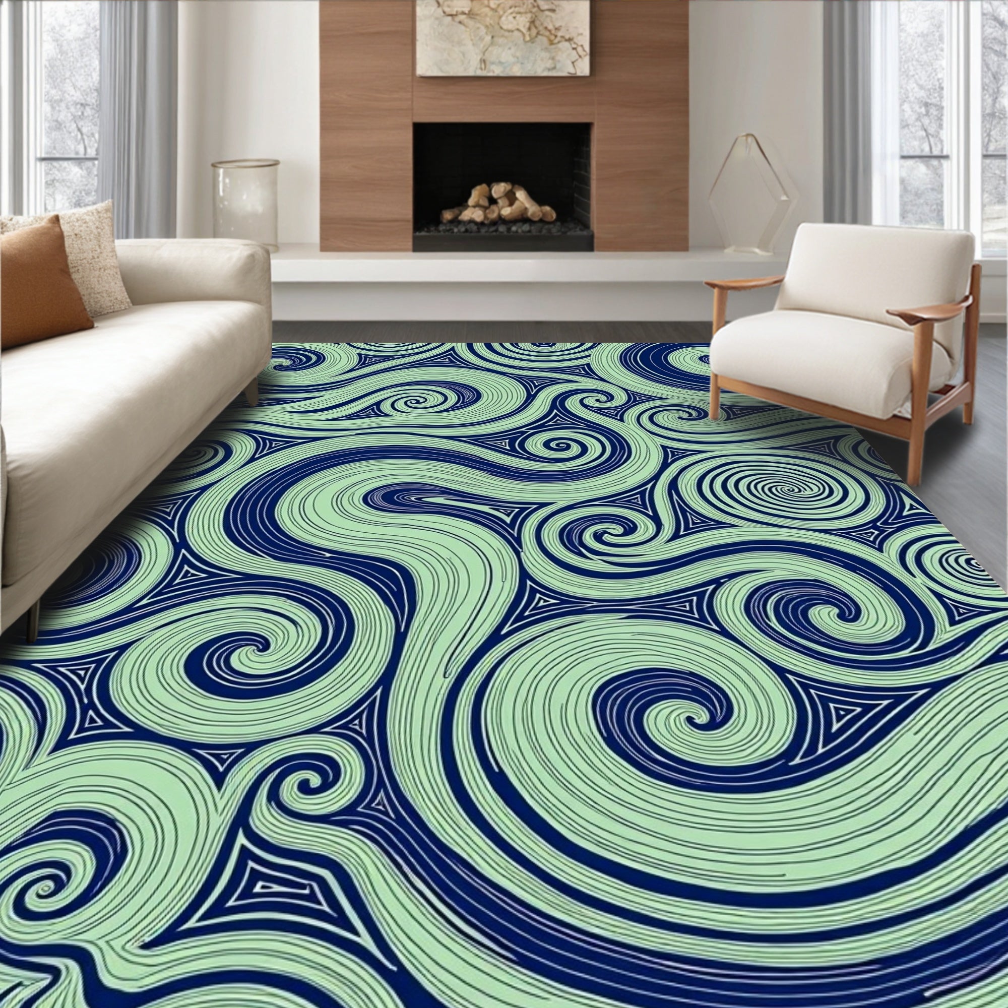 Navy Swirling Lines Mint Green Rug