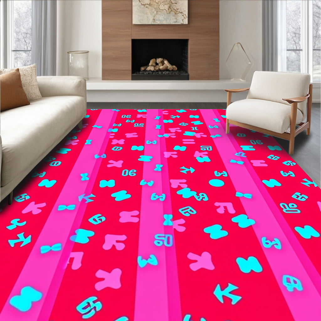 Red Pink Vertical Stripe Playful Symbols Rug