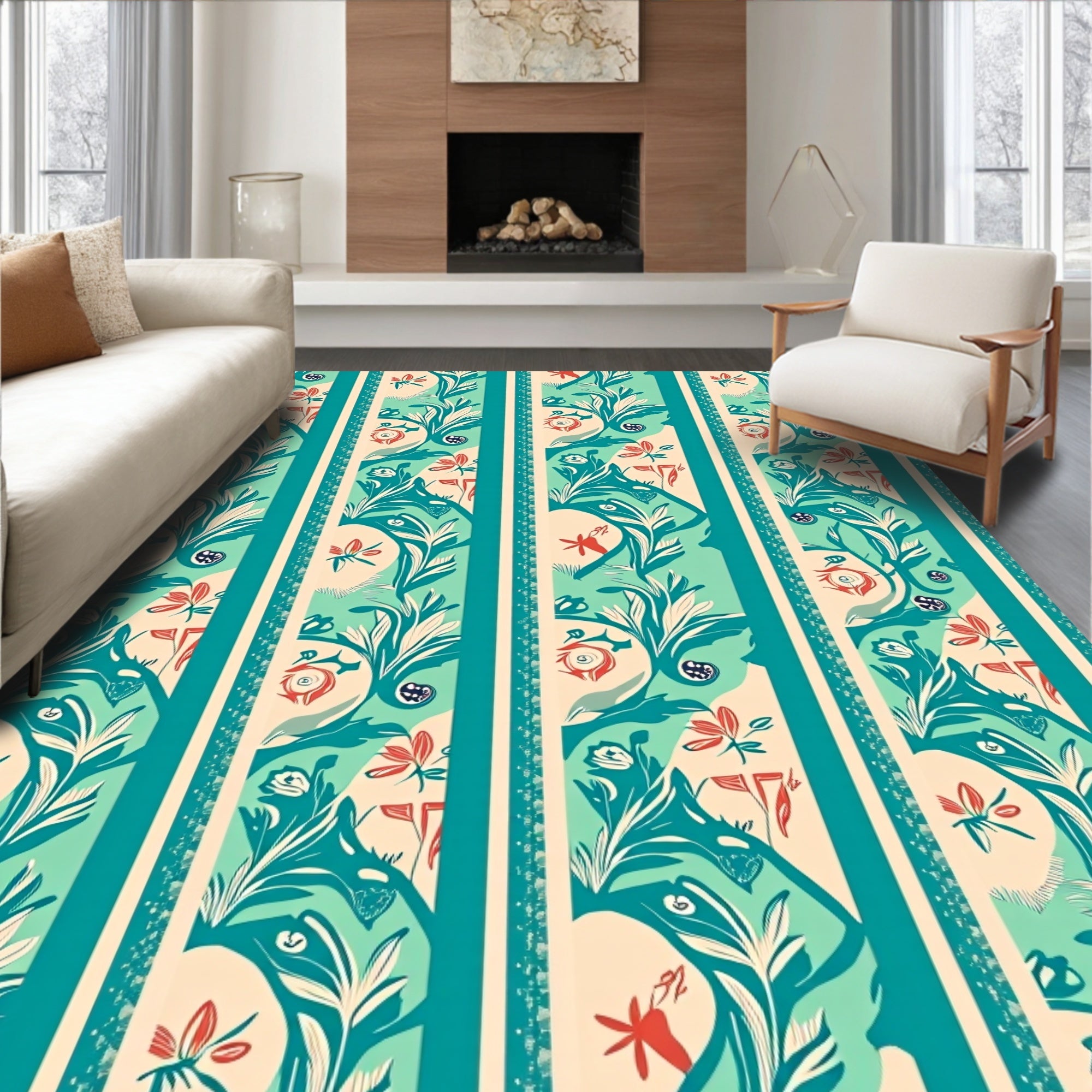 Turquoise Coral Botanical Stripe Arrangement Rug