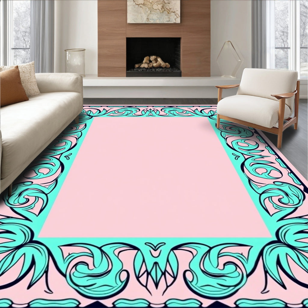 Pink Mint Teal Floral Swirl Border Rug