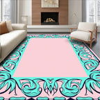 Pink Mint Teal Floral Swirl Border Rug
