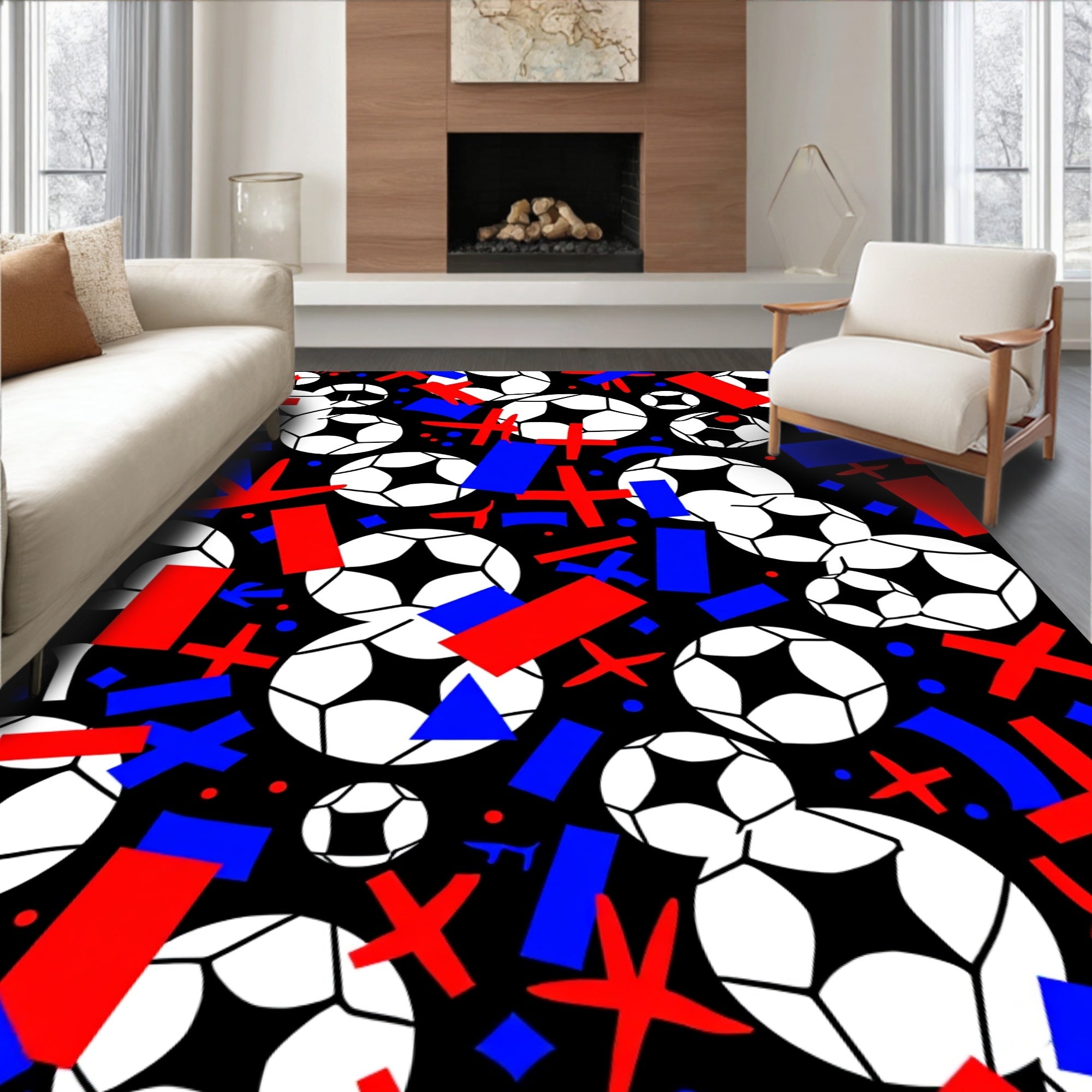 Red Blue Soccer Ball Collage Rug