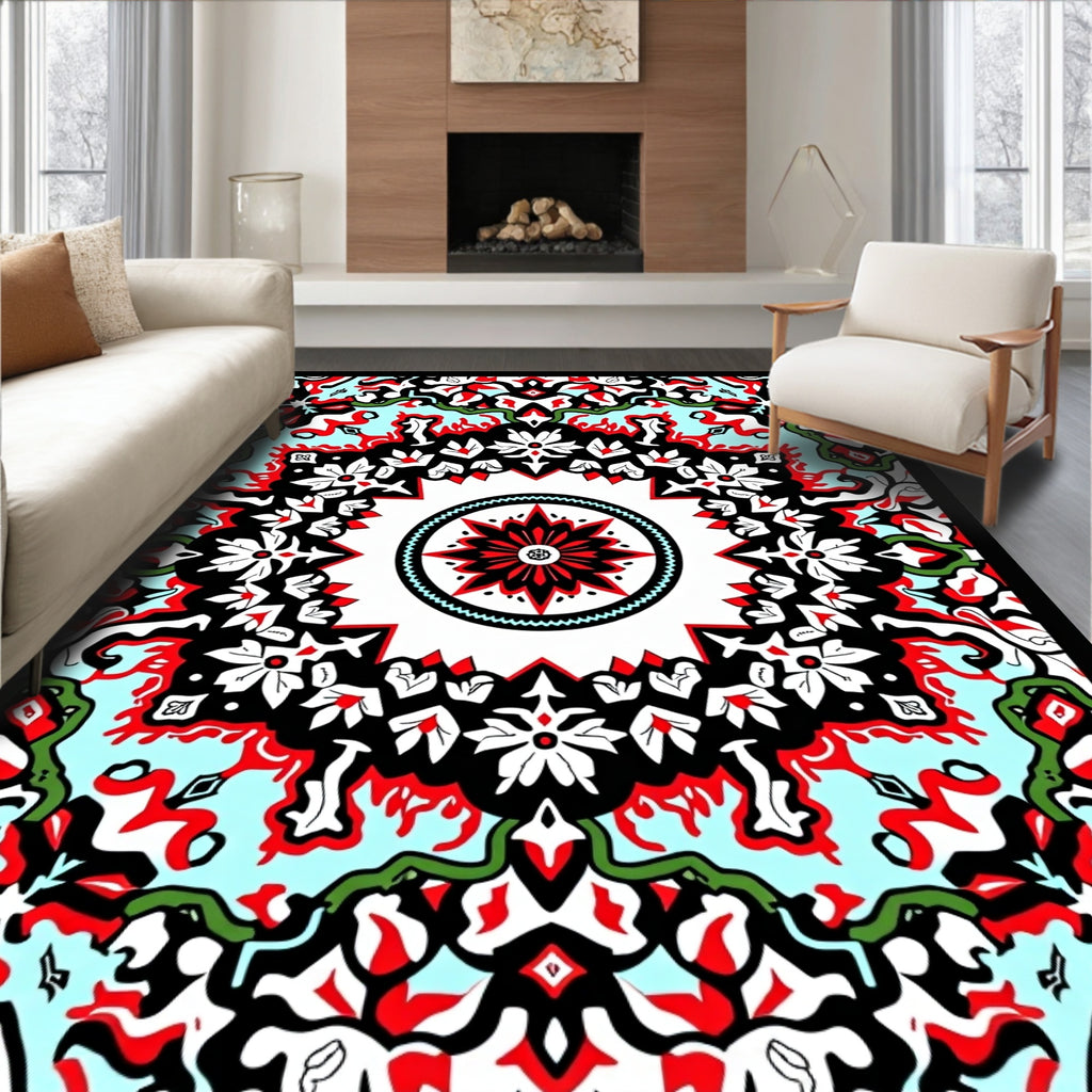 Vibrant Red Black Floral Medallion Symmetry Rug