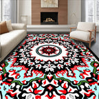 Vibrant Red Black Floral Medallion Symmetry Rug