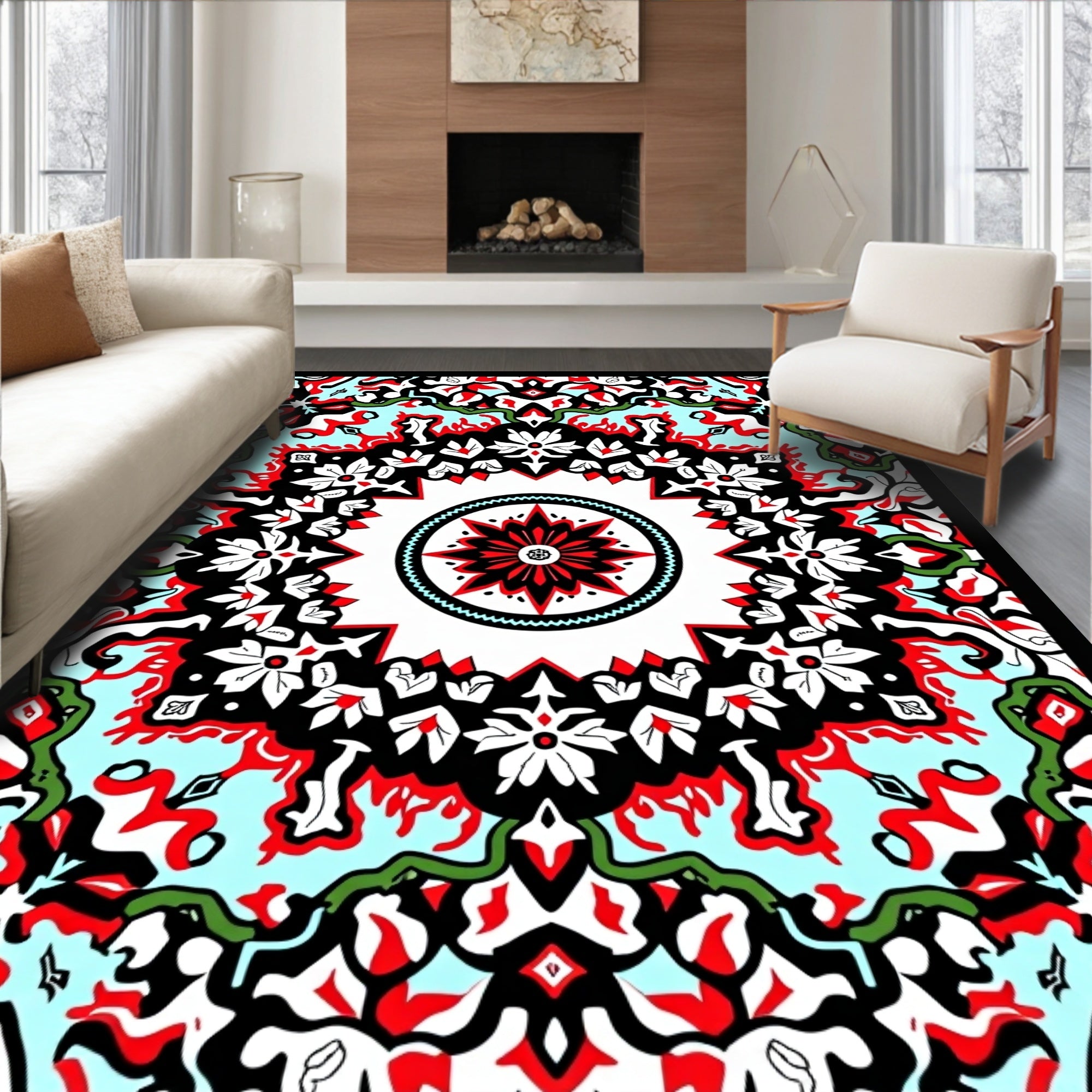 Vibrant Red Black Floral Medallion Symmetry Rug