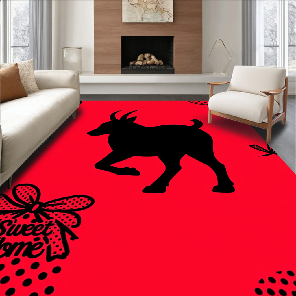 Bold Black Goat Red Background Bow Rug