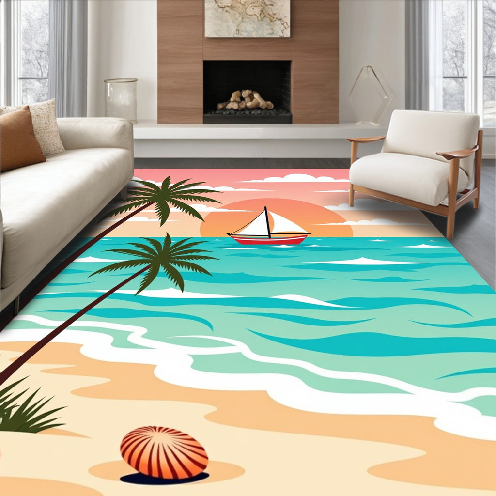 Coastal Sunset Sailboat Palm Trees Rug