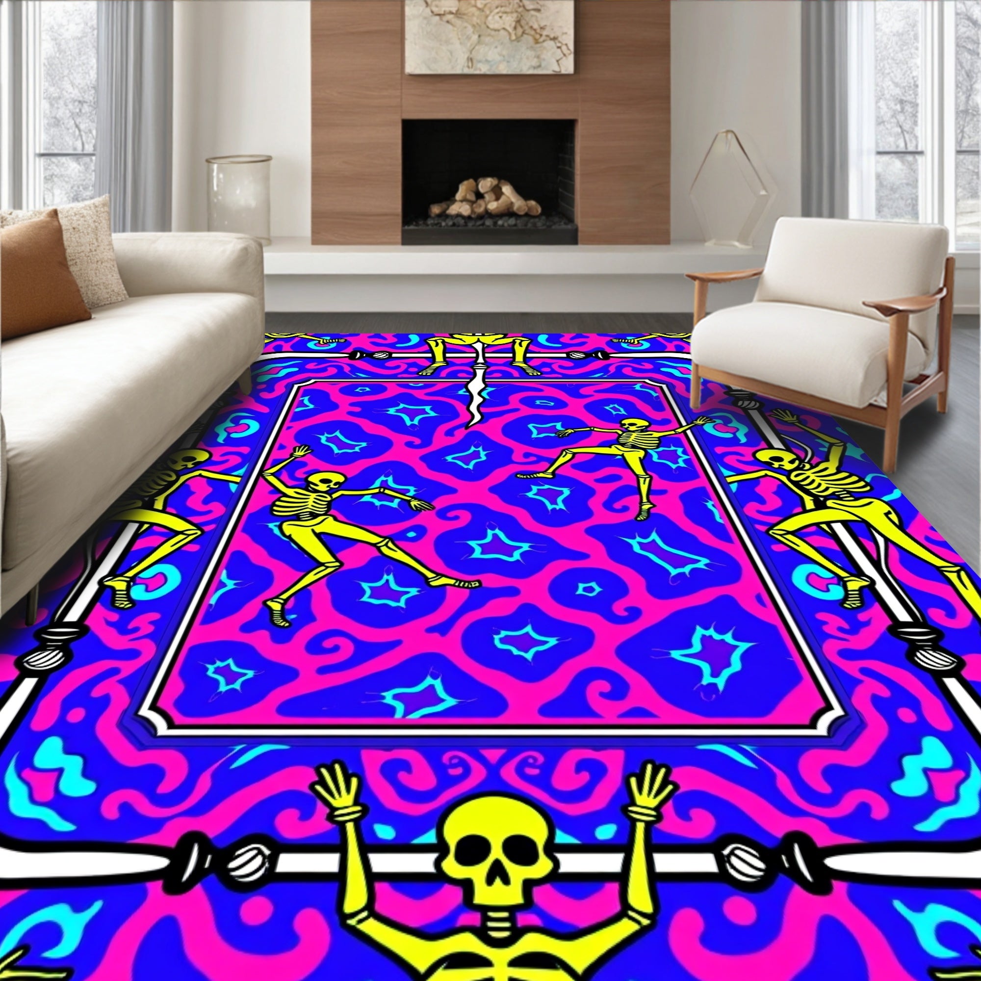 Yellow Skeletons Vibrant Psychedelic Frame Rug