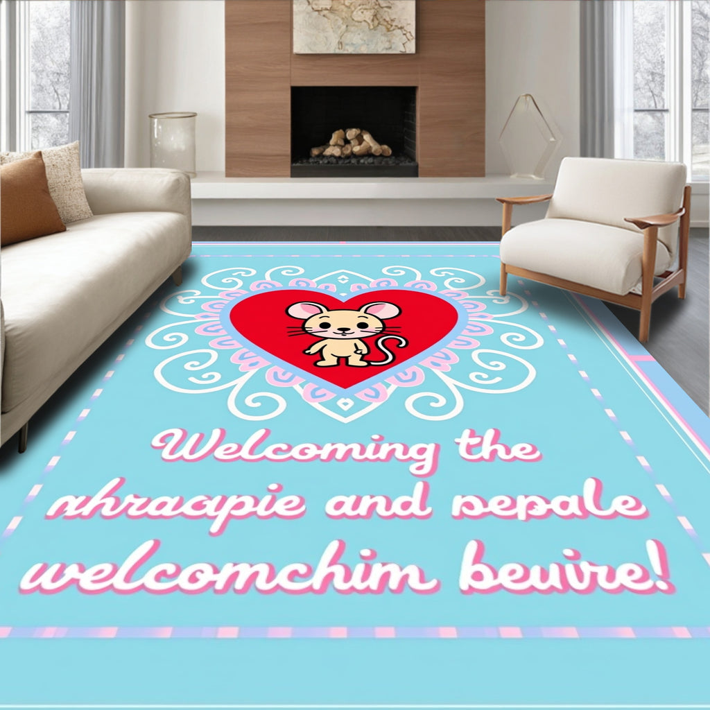 Cute Mouse Red Heart Floral Rug