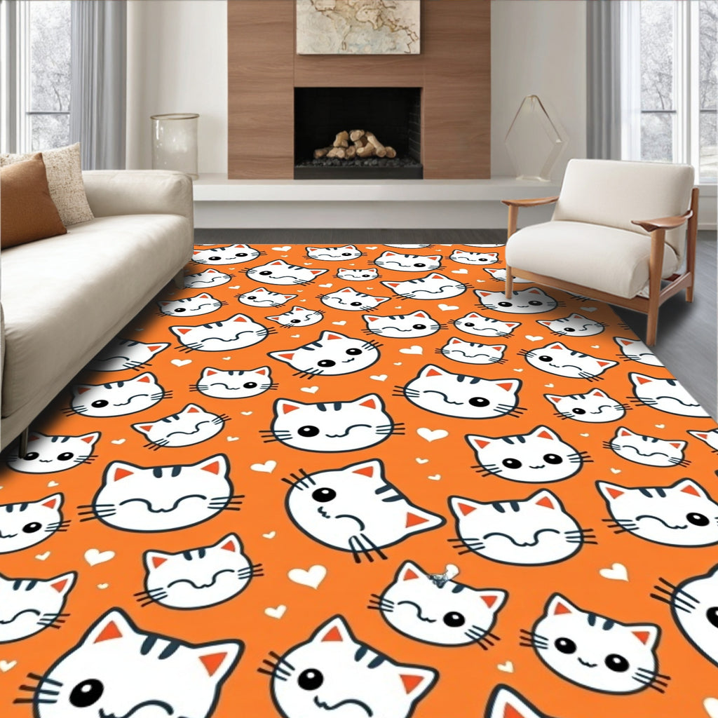 Orange Kawaii Cat Faces Hearts Rug