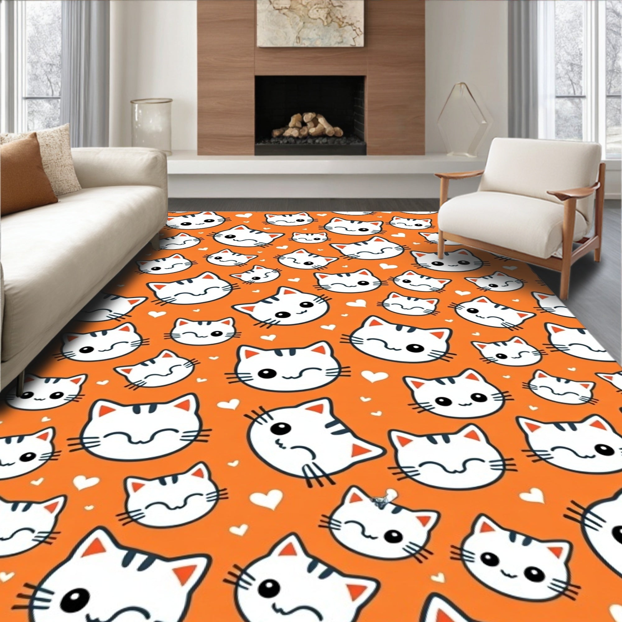Orange Kawaii Cat Faces Hearts Rug