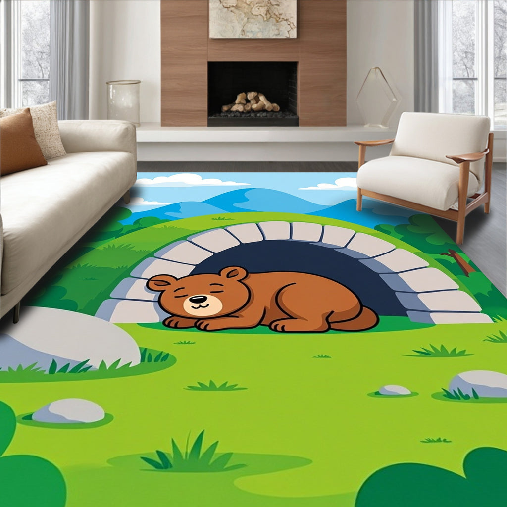 Woodland Bear Nap in Green Landscape Rug