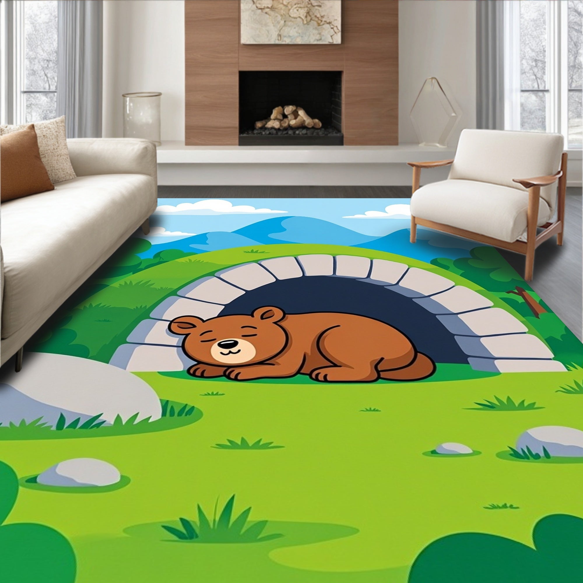Woodland Bear Nap in Green Landscape Rug