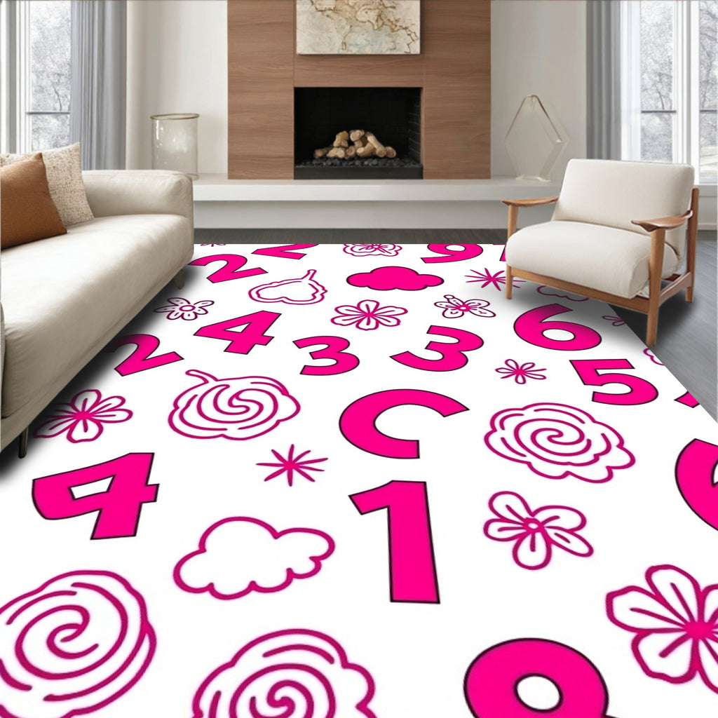 Playful Pink Numbers Clouds Flowers Rug
