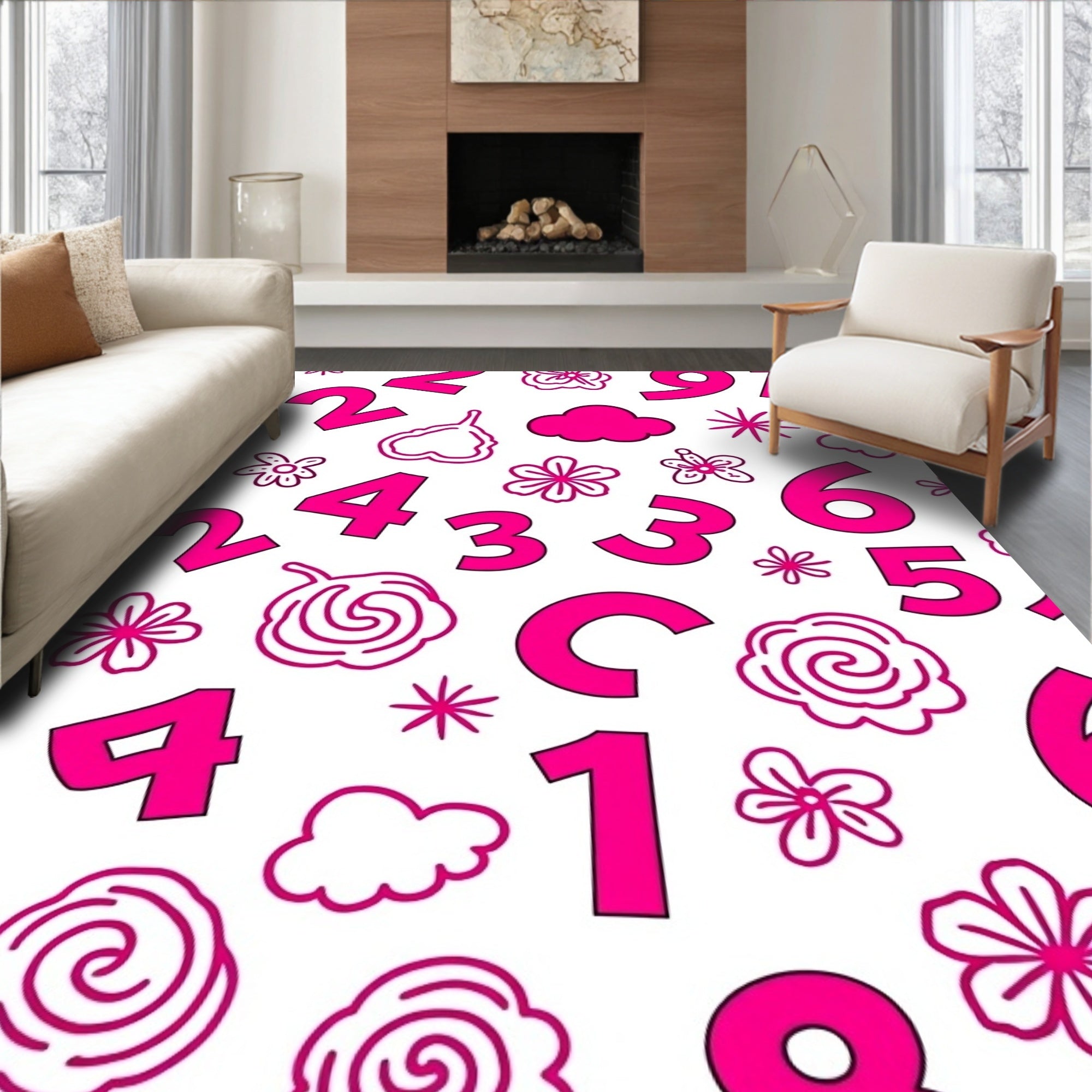 Playful Pink Numbers Clouds Flowers Rug
