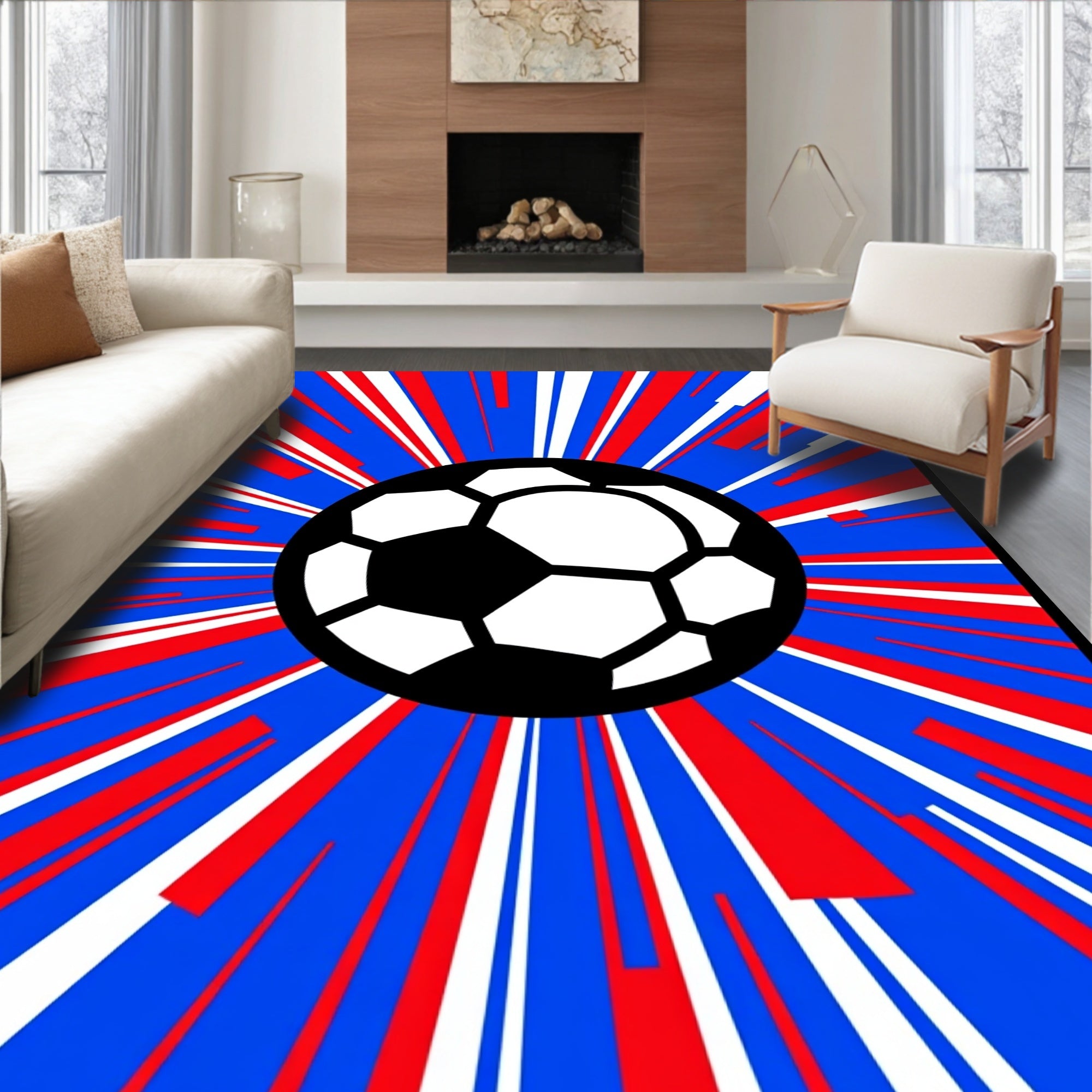 Explosive Soccer Ball Red White Blue Rays Rug