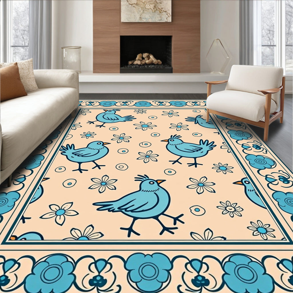 Whimsical Teal Bird Floral Motif Rug