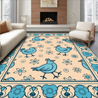Whimsical Teal Bird Floral Motif Rug