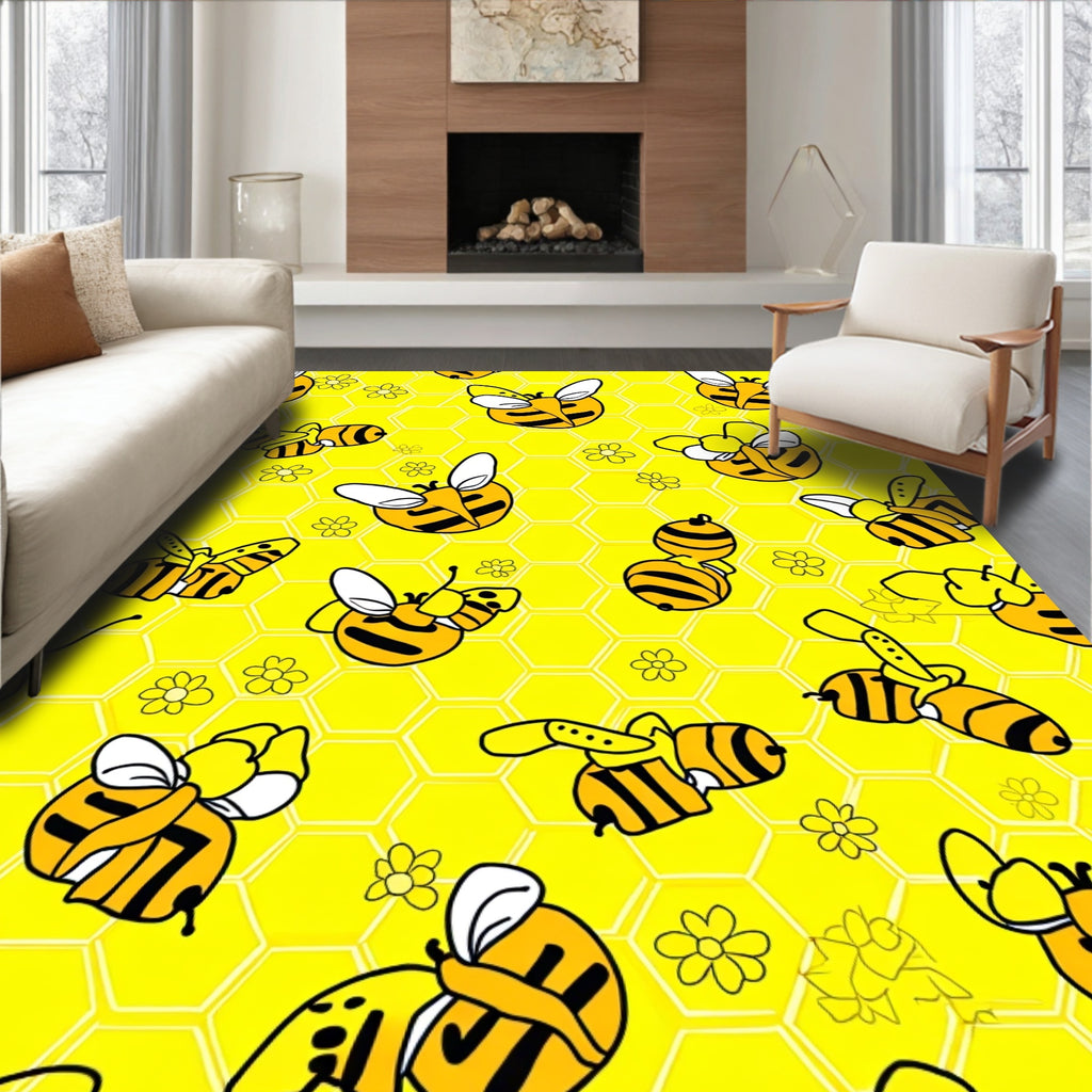 Yellow Honeycomb Bees Floral Whimsy Rug